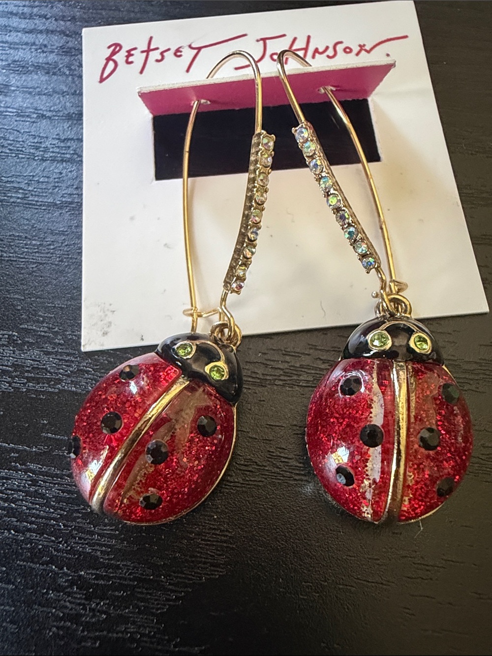 Betsey Johnson Red Ladybug Dangle Earrings with Crystal Accented Hooks - Picture 3 of 4